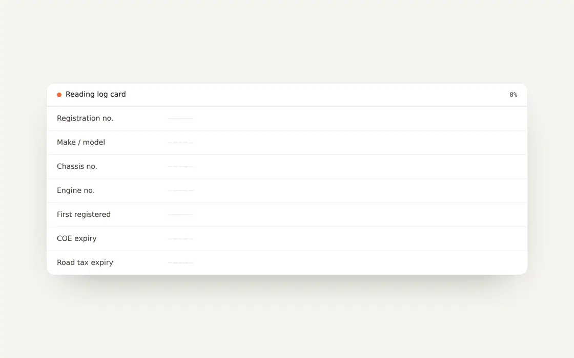 A vehicle record in CustomCarsCRM filling itself in from a log card: registration, make and model, chassis, engine, first registration, COE expiry and road tax expiry populate in sequence.